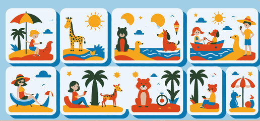 Fototapeta premium Fun Beach Vacation Cartoon Illustrations_ Animals_ Kids_ and Tropical Scenes in a Colorful Grid_ Perfect for Summer Themes and Childrens Content