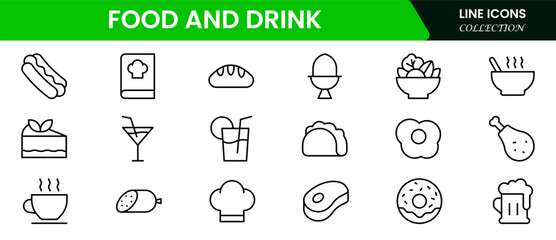 Vector illustration web line icon collection featuring food and drink elements—fruits, vegetables, beverages, utensils, meals, snacks, cooking tools, and dining essentials in minimalist style.