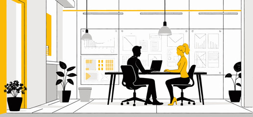 Office_Meeting_Illustration_Two_Professionals_Collaborating_on_Laptop_in_Modern_Workspace_Yellow_and_Black_Design_Business_Teamwork_and_Productivity_Image