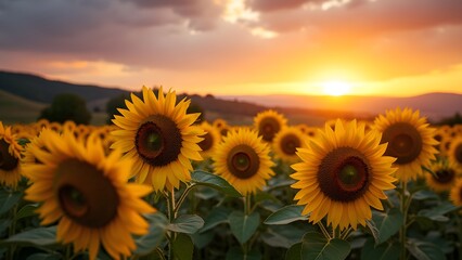 Fototapeta premium Field of Blooming Sunflowers at Sunset: A Scenic Summer Landscape with a Vibrant Sky