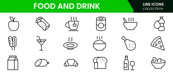 Vector illustration web line icon collection featuring food and drink elements—fruits, vegetables, beverages, utensils, meals, snacks, cooking tools, and dining essentials in minimalist style.