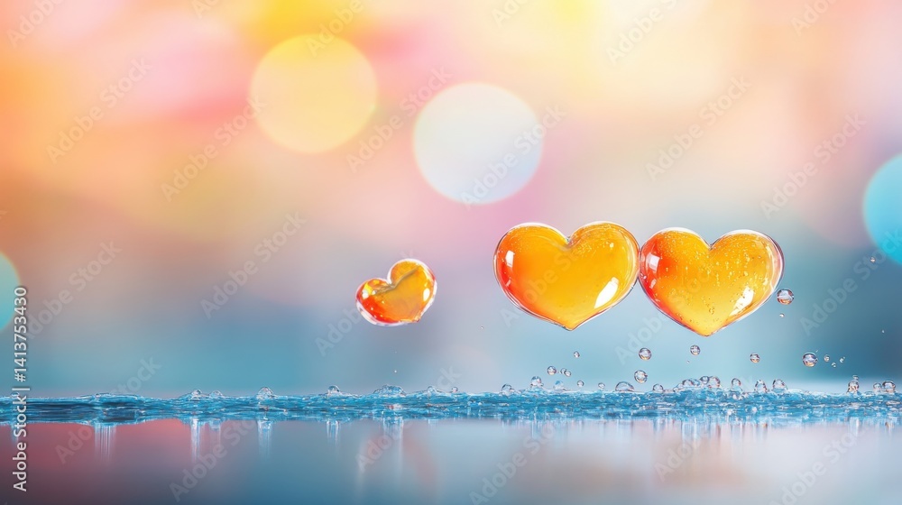 Poster three orange heart-shaped objects sit on a reflective surface, surrounded by soft bokeh lights, crea