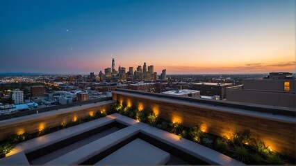 Fototapeta premium Rooftop Serenity: Urban Oasis with City Skyline Gleaming Under the Twilight's First Light, Where Nature Meets the Metropolitan Landscape