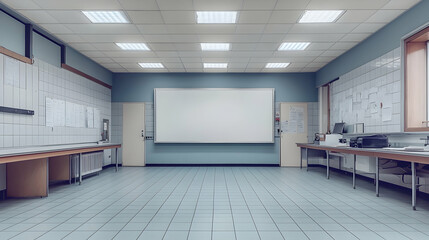 Obraz premium Empty lab or classroom with whiteboard, tiled floor, and lab benches. Ideal for educational or scientific contexts.