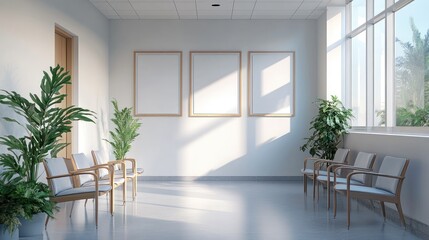 Sunlit waiting room with empty frames, plants, chairs