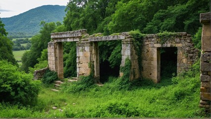 Ancient Stone Ruins Reclaimed by Nature, Lush Greenery Abounds Under a Cloudy Sky, Creating a Serene and Timeless Landscape.