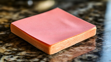 Pink sticky note on orange foam pad, close-up macro shot.  Perfect for office supplies, stationery, or message concepts.