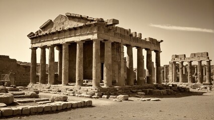Obraz premium Ancient Ruins Under the Sun: Exploring the Majestic Columns and Timeless Beauty of a Fallen Architectural Marvel.