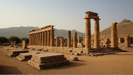 Fototapeta premium Ancient Echoes in Stone: Ruins of a Classical Temple Under a Pale Sky, a Testimony to Time.
