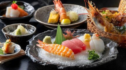 luxurious seafood dinner setting with shrimp tempura, sushi, and sashimi on elegant plates