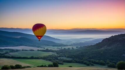 Serene Sunrise Flight: A Hot Air Balloon Glides Over Misty Green Valleys Bathed in the Golden Light of Dawn.