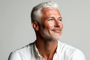 Obraz premium A midlife gentleman with grace and sophistication. Visual idea of style for aging men. Trendy men's side part haircut - midlife white man with white hair. Pure white solid background.