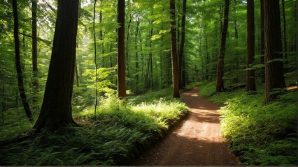 Obraz premium A Sun-Dappled Path Winding Through the Emerald Forest: An Invitation to Explore the Tranquility of Nature's Verdant Embrace.