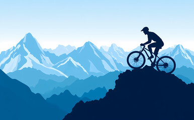 Fototapeta premium Mountain Biking Adventure: A silhouette of a cyclist on a mountain bike fearlessly navigates a challenging trail amidst towering, blue-hued mountain peaks.