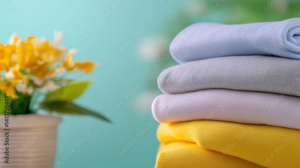 Poster neatly folded cotton towels in pastel colors rest on a table next to a flower pot, creating a vibran