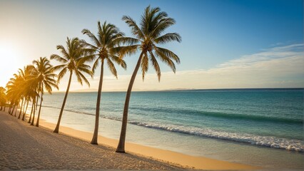 Obraz premium Serene Tropical Paradise: Palm Trees Swaying Gently Along a Golden Beach as the Turquoise Ocean Meets the Sunny Sky