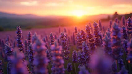 Lavender field at sunset with soft light, mountains in the background. Nature background.