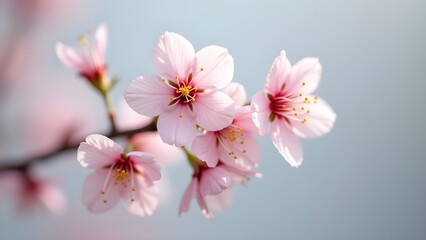 Naklejka premium Delicate Pink Cherry Blossoms on Branch, Floral Beauty in Spring, Macro Close-Up