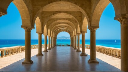 Elegant Stone Colonnade Framing the Turquoise Sea: A Vision of Architectural Harmony and Coastal Beauty on a Bright Sunny Day.