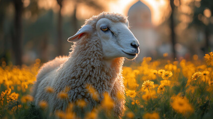 A close-up shot of a sheep in a field of vibrant yellow flowers, with a mosque in the background, symbolizing peace and the connection to nature during Eid al-Adha.