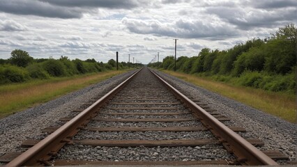 Fototapeta premium Journey into the Horizon: A Railway Perspective Surrounded by Nature's Greenery under a Cloudy Sky.