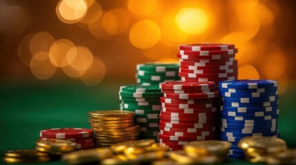 Stacks of colorful poker chips and gold coins fill a casino table as players engage in an exciting game at night
