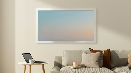 A white rectangular frame mounted in a living room above a side table with a cup, a laptop,  HD 8K wallpaper Photographic Image
