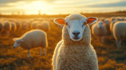 A peaceful sunset with a sheep grazing in a field, capturing the serene atmosphere of Eid al-Adha and the significance of the sacrifice.