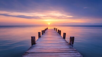 Obraz premium Tranquil sunrise pier, ocean calmness, pastel sky, peaceful meditation scene