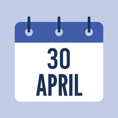 30 April Calendar, Isolated Vector Calendar.