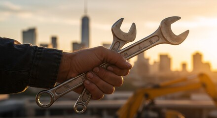 Worker holding wrenches against city skyline at sunset. Labor Day concept. Industrial maintenance, construction, and urban development. Skilled trade profession symbol.