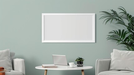 A white rectangular frame mounted in a living room, above a small side table with a cup of coffee, a laptop, and a book. HD 8K mockup wallpaper Photographic Image