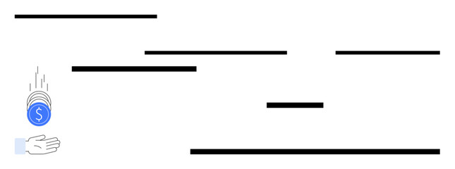 Hand catching falling coin with dollar sign amidst horizontal minimalist lines. Ideal for finance, savings, responsibility, minimalism, investment, growth, and a simple landing page