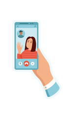 Sticker of hand holding phone. Mobile telephone displays video chat app. Social communication concept, digital illustration, ideal for online media or technology usage.