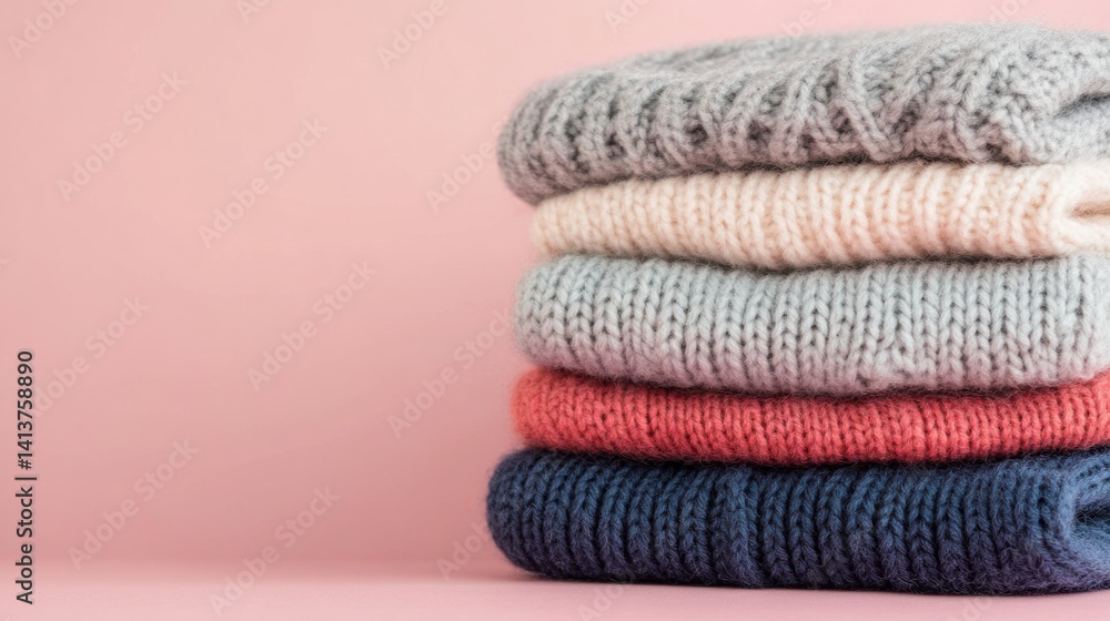 Poster several knitted sweaters in warm hues are neatly stacked on top of each other, displaying soft textu
