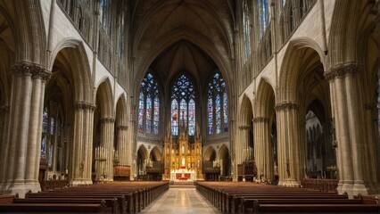 Obraz premium Majestic Interior: A Soaring Cathedral Space Featuring Stained Glass Windows, Elegant Arches, and Rows of Wooden Pews Awaiting Congregation.