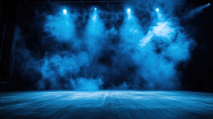 Naklejka premium Blue spotlight creates a dramatic atmosphere with swirling smoke over an empty stage in a theater during night performance