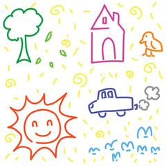 hand drawn kid doodle icon set, vector art illustration.