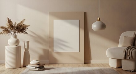 Minimalist Interior with Blank Poster and Cozy Armchair in Warm Tones