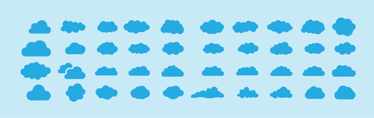 Cloud icon set. Simple cloudy shapes. Cartoon white puffy, fluffy and cumulus clouds in blue sky. Abstract comic weather elements. Cloud Vector Stock Collection