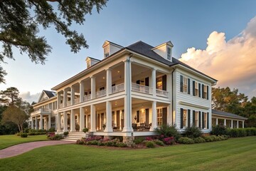 Modern colonial home exterior features a beautiful gray porch with a garden. New England style house with a wall and yard. Exterior view of a house with a porch and balcony.