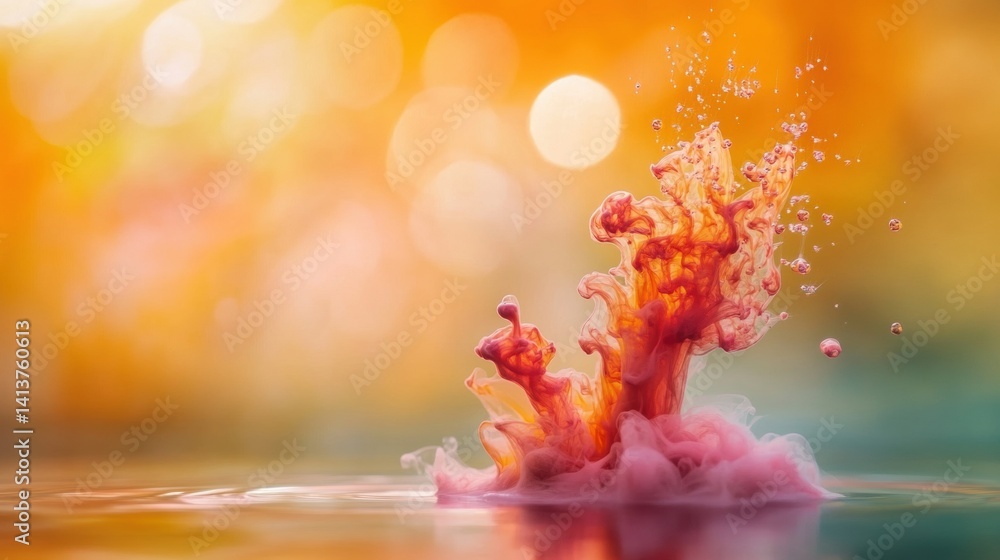 Poster vibrant colors blend and swirl in calm water, creating intricate patterns under warm, soft light dur