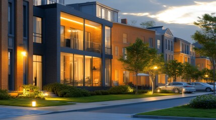 Modern residential street at twilight showcasing stylish homes, warm lighting, and serene ambiance for urban living