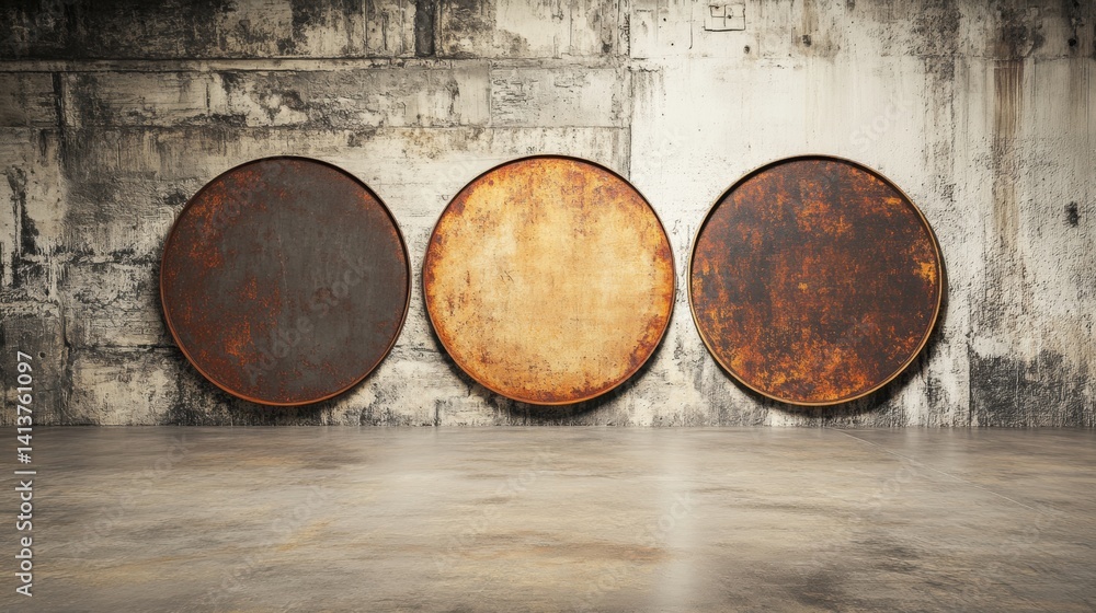 Poster three large circular panels with varying textures and colors are mounted on a rough concrete wall in