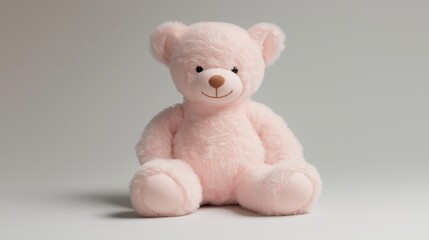 Obraz premium light pink-colored teddy bear sitting on a white surface against a plain gray background