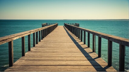 Fototapeta premium Tranquil Journey: A Wooden Pier Stretching Towards the Horizon, Meeting Turquoise Waters Under a Clear, Sunny Sky.