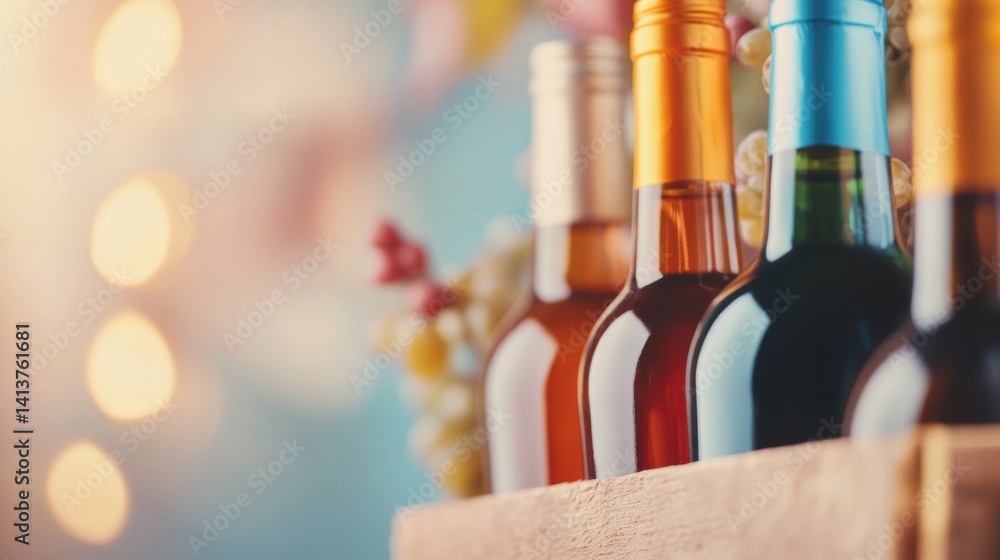 Poster assorted bottles of beverages arranged on a wooden shelf, set against a vibrant background of soft l