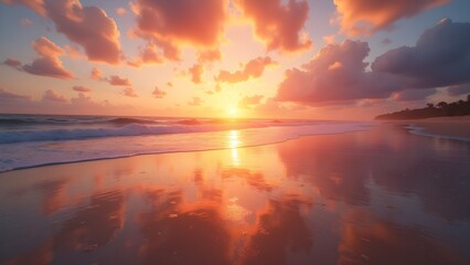 Fototapeta premium Picturesque Beach Sunset with Reflective Waters and Warm Sky