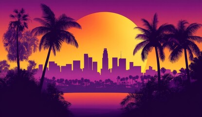 City skyline at sunset with palm trees.