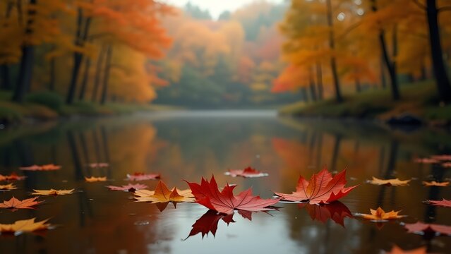 Scenic autumn landscape with colorful foliage, fallen leaves floating on a tranquil lake in misty forest - Powered by Adobe
